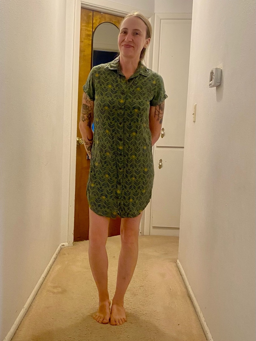 EUC BRIDGE&BURN Green Patterned Short-Sleeve Shirt Dress